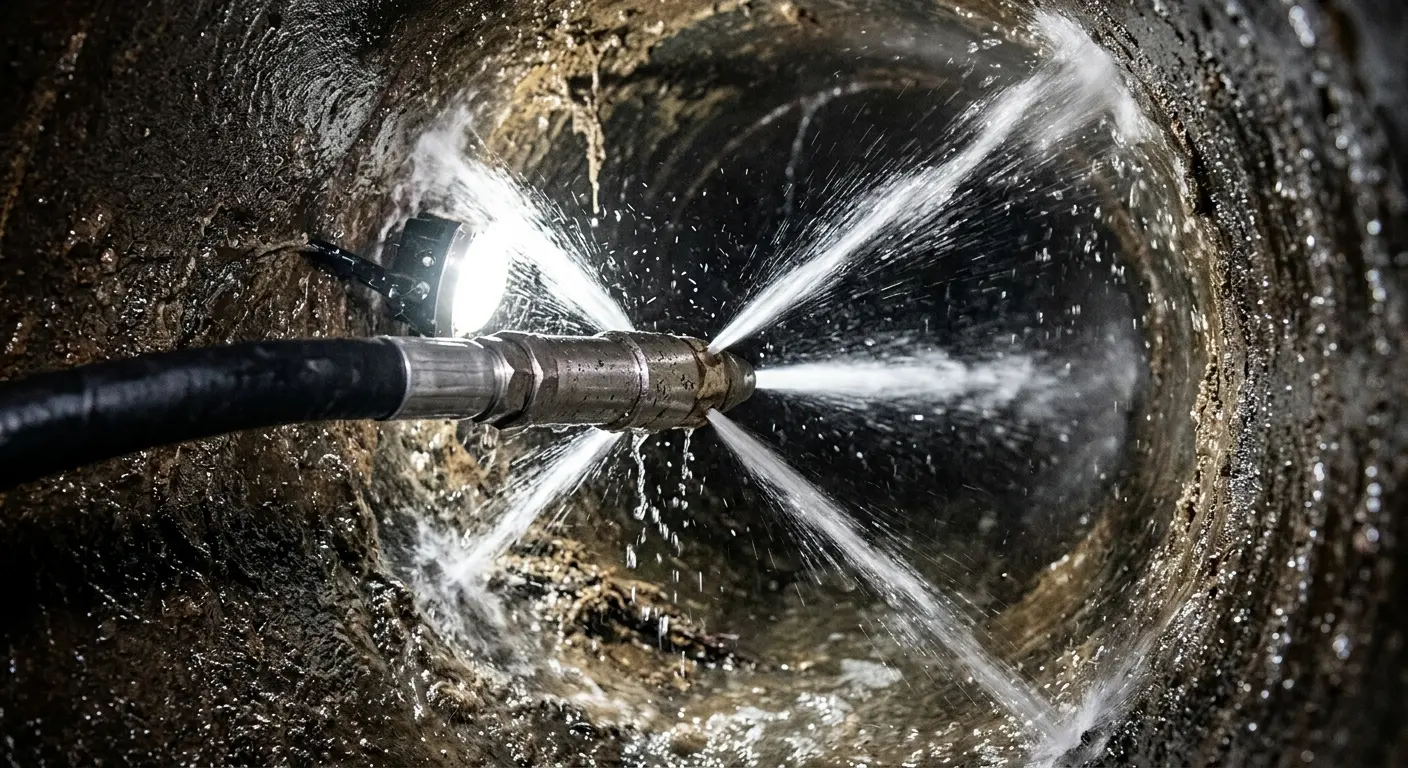 High-pressure hydro jetting nozzle cleaning sewer pipe for Trenchless Sewer Repair in Moapa Valley