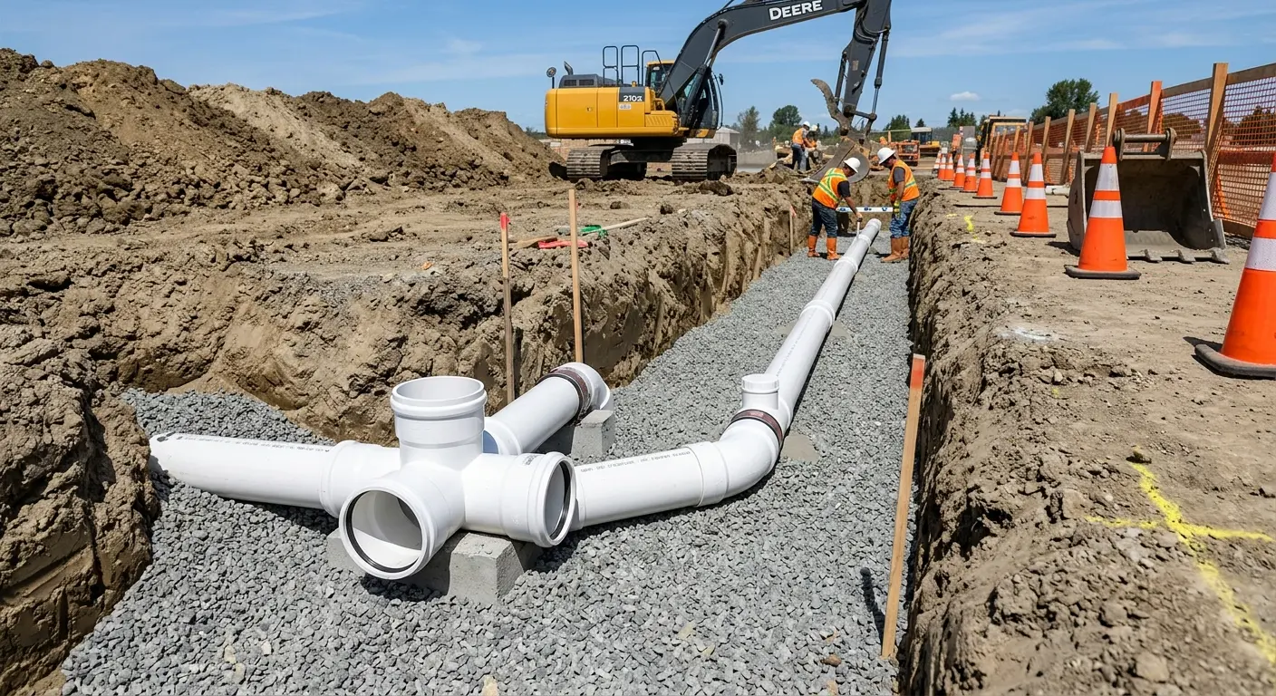 New PVC sewer pipe installation in open trench for Commercial Drain Cleaning in Moapa Valley
