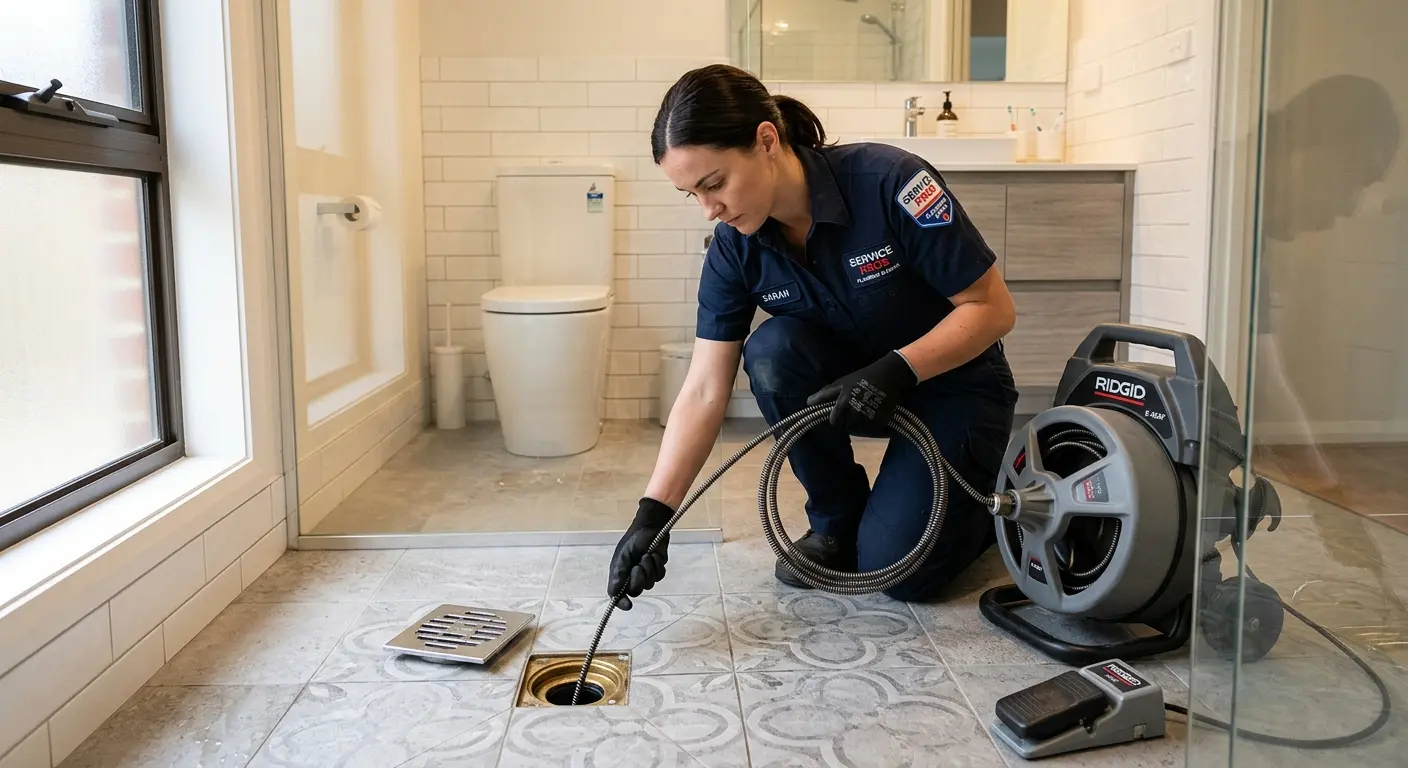 Technician clearing a bathroom floor drain for Clogged Drain Repair in Moapa Valley